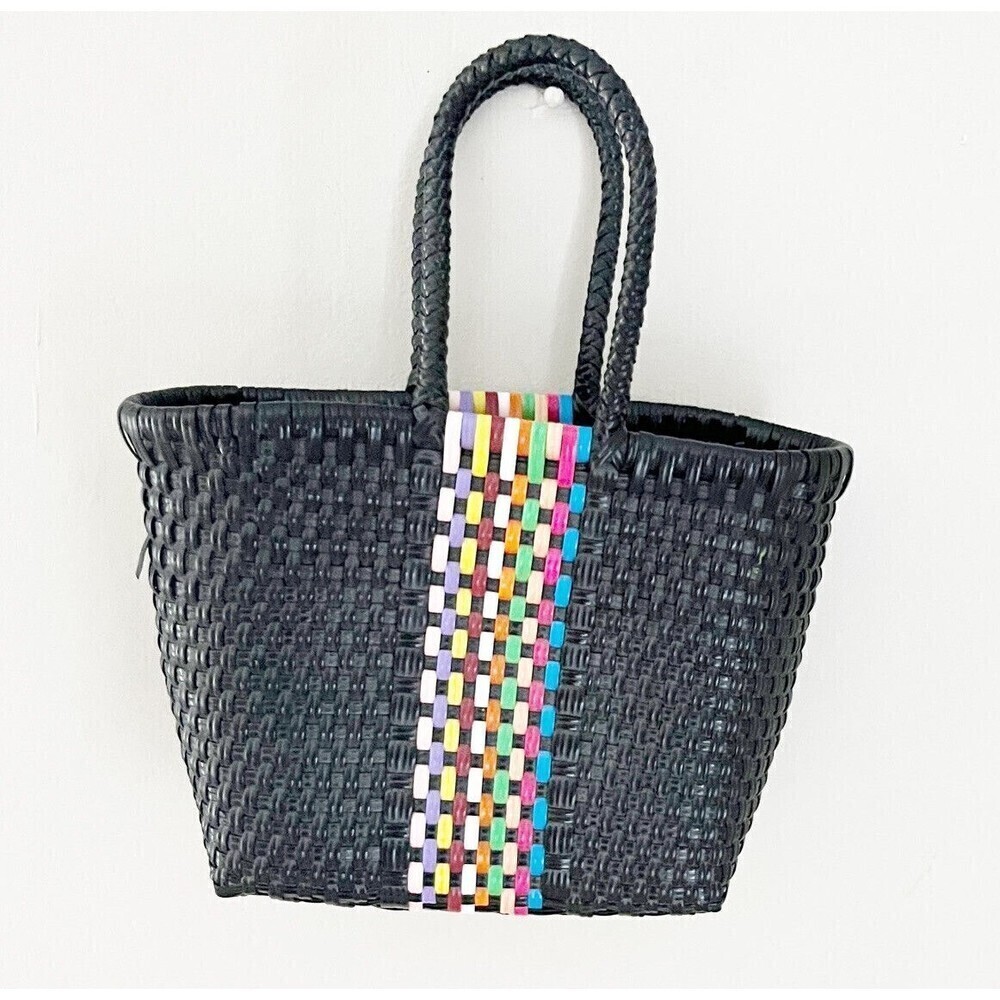 Women's Plastic Woven Rainbow Tote Bag Handbag Purse Black Medium